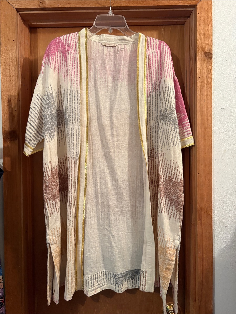 Soft Surroundings Cream Kimono Cardigan with Pink, Brown, Gray Accents